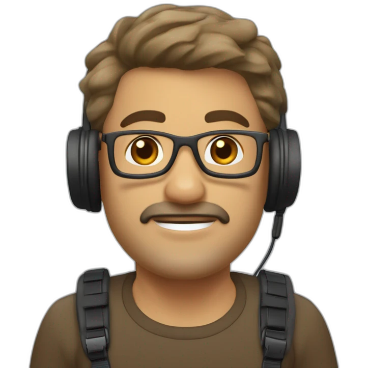 hombre de 50 años, con pelo corto y canoso, con auriculares pequeños y una gopro emoji