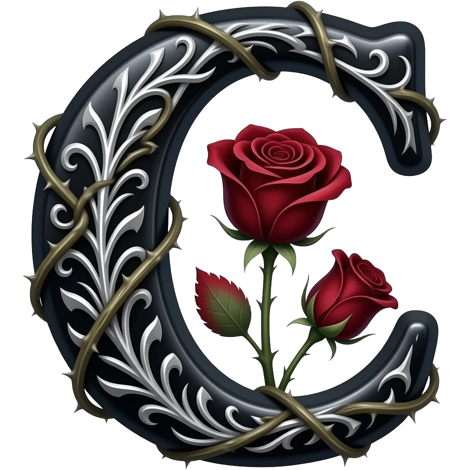 A heavy obsidian letter 'C' with silver filigree engraving. Deep red velvet roses with thorny stems wrap over the letter. Glowing moonlight effect, dark and moody atmosphere, deep glowing emoji