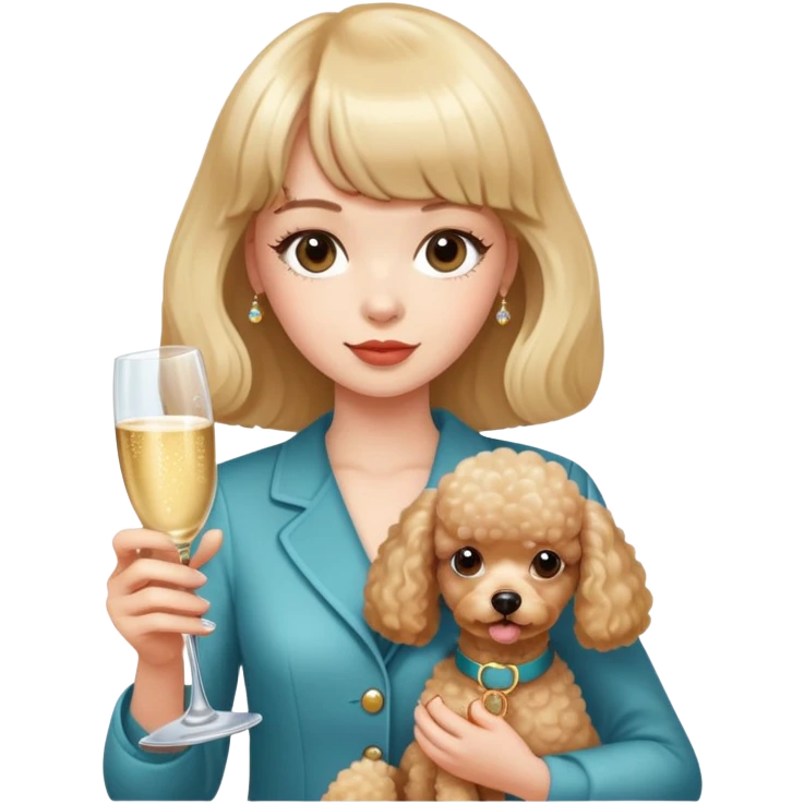 A girl with bangs holding a champagne-colored poodle emoji