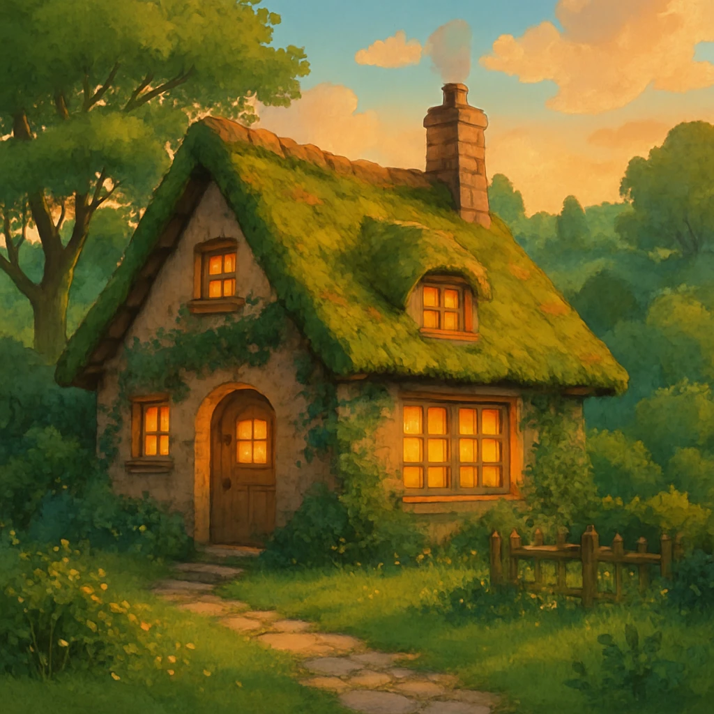 cozy cottage in a lush landscape with warm lighting in ghibli style emoji