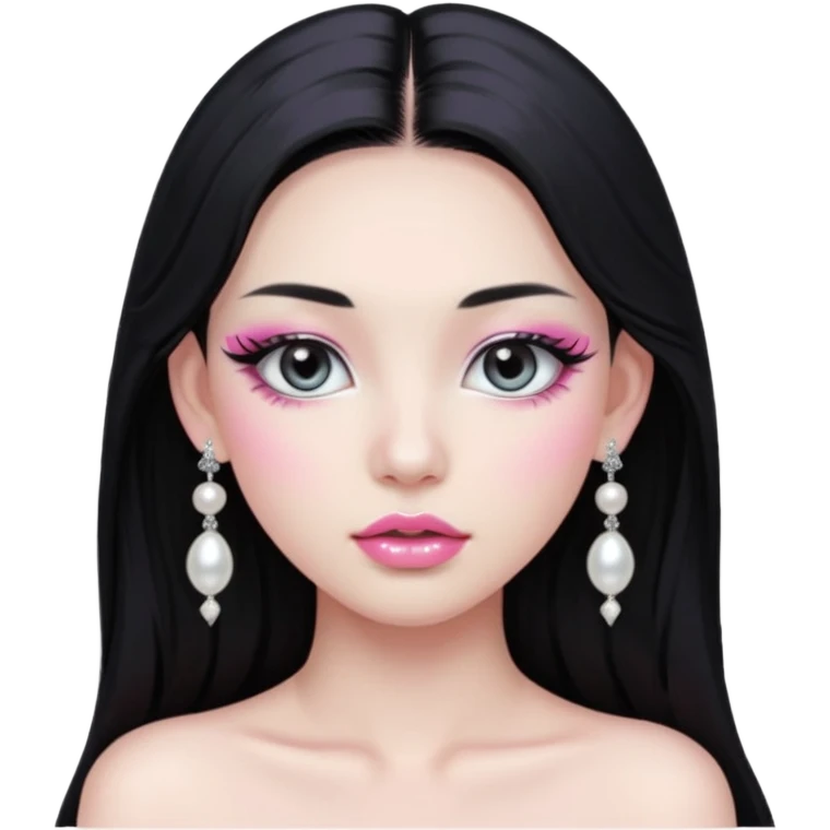 asian long black hair silver grey eyes glossy lips glittery white and pink eyeshadow girl pearl earrings emoji