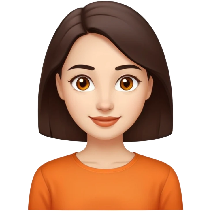 Warm enthusiastic woman with light skin, oval face, soft defined features, large expressive brown eyes, medium arched eyebrows, small nose, medium lips with relaxed smile, long dark brown hair, wearing an orange blouse emoji