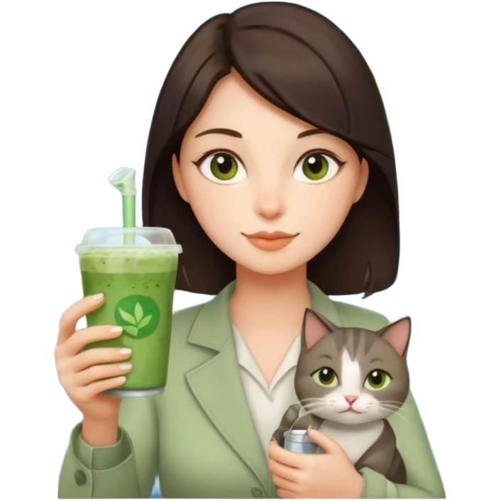 a brunette woman in here 30S drinking an iced matcha, carrying a grey cat and a map of the world emoji
