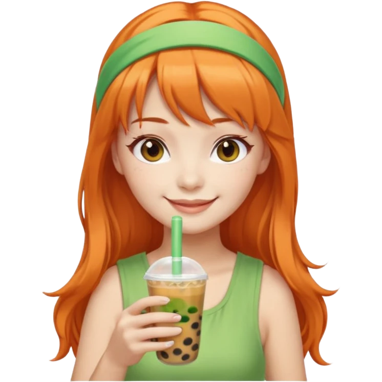 Create an emoji of a fair-skinned woman with long orange hair, bangs, and a green headband, holding a cup of bubble tea. emoji