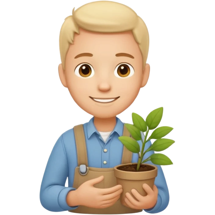 A calm, friendly male cartoon character with light skin, simple farm clothes, warm smile, holding a small plant or flower, stylized as a cute, readable emoji icon with soft earthy color emoji