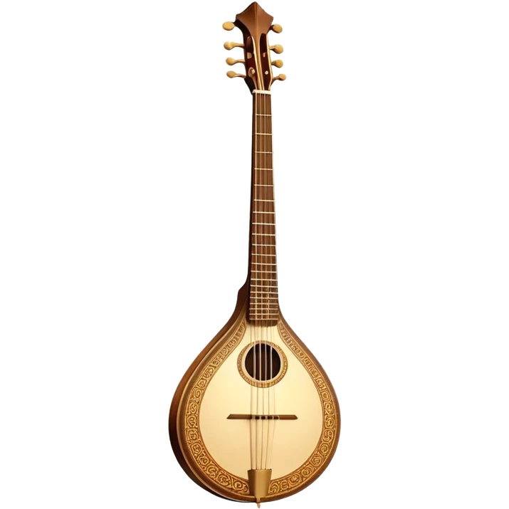 Bouzouki – Cinematic Realistic Bouzouki, depicted as a beautifully crafted Greek string instrument with a long neck and ornate fretwork, its polished wooden body reflecting warm golden light, set on a rustic background with soft shadows that evoke traditional Mediterranean music. emoji