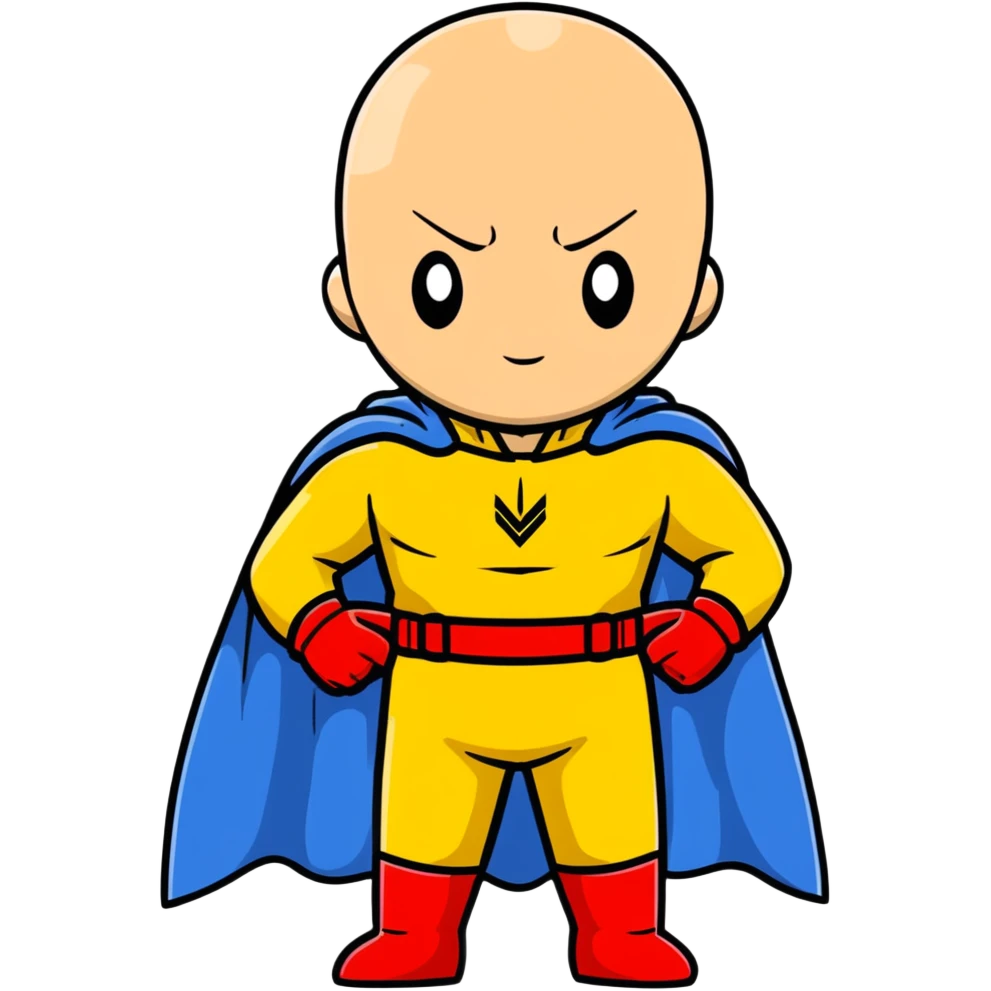 Saitama from One Punch Man, bald head, blank expression, yellow hero suit with white cape, red gloves emoji
