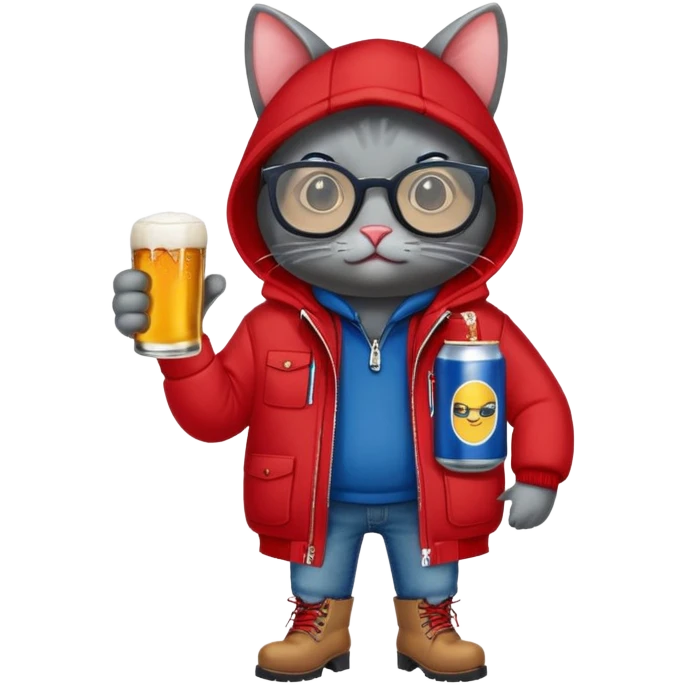 Catfish in a red winter jacket with hood, wearing round glasses, blue jeans, red boots, holding a beer can with a red label emoji