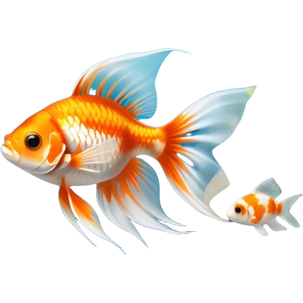 Large aquarium fish like veil tails and lionhead goldfish swimming gracefully in a beautifully decorated aquarium. Colorful aquatic plants, smooth rocks, and gentle bubbles surround the fish. The water shimmers in sunlight, creating a peaceful and vibrant underwater scene. Transparent background. emoji