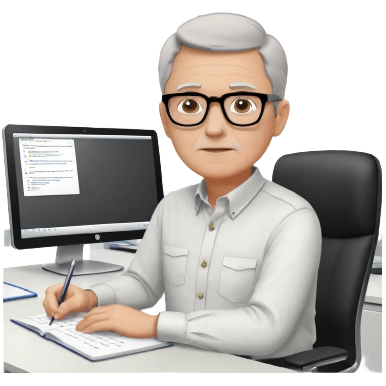 un uomo di circa 60 anni, capelli corti e brizzolati, occhiali con montatura nera, seduto ad una scrivania in un grande ufficio vuoto, tutto bianco, con il mobilio bianco, davanti a tre monitor ed un notebook, che lavora scrivendo software emoji