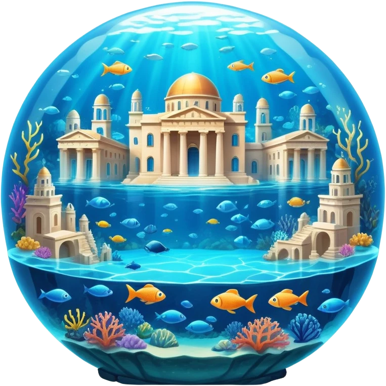Atlantis underwater city with domed buildings, ancient Greek architecture, glowing blue energy crystal, surrounded by fish emoji