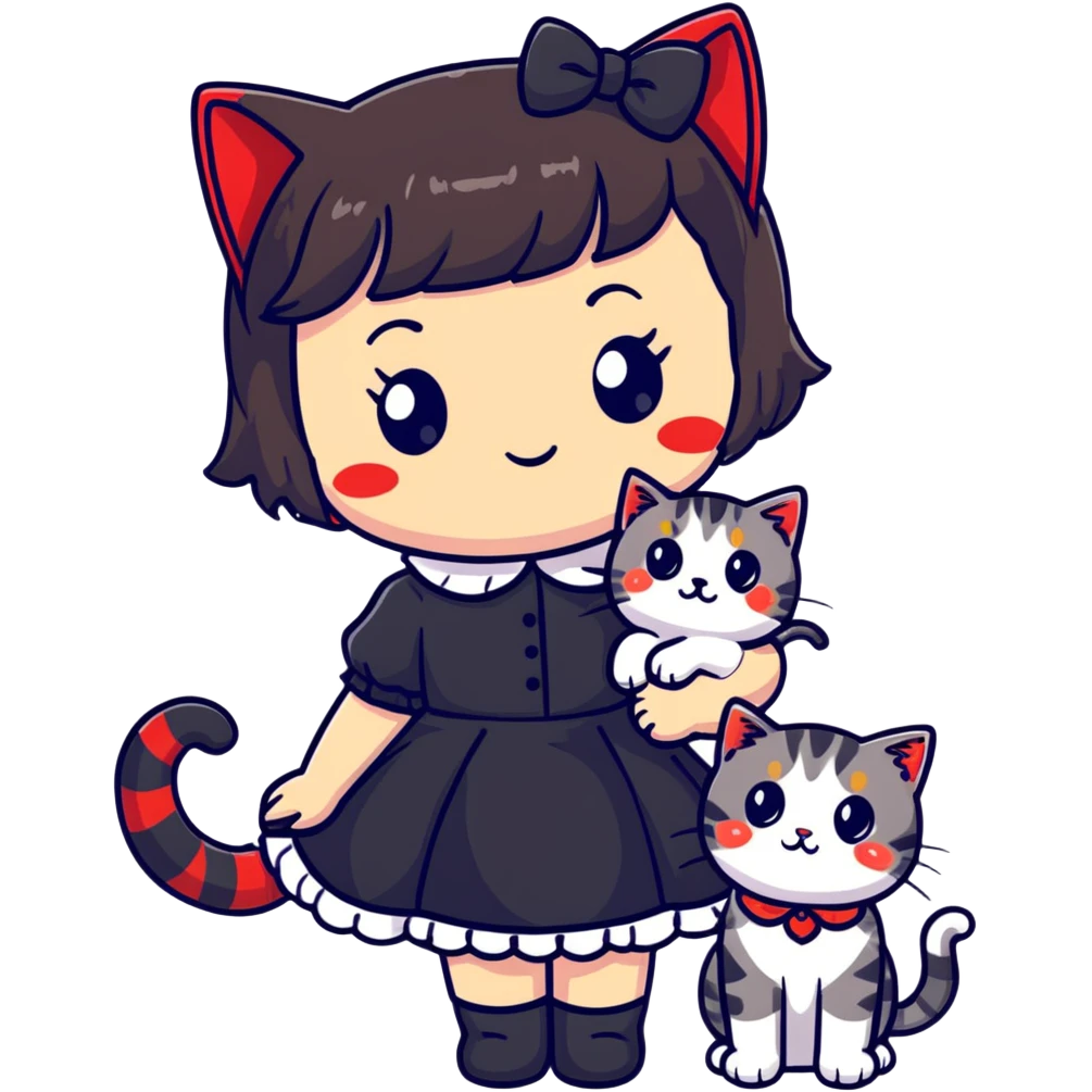 girl with black Lolita dress and black hair with red tips next to an American Shorthair tabby cat emoji