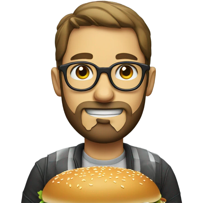 male with glasses and beard eating a burger emoji