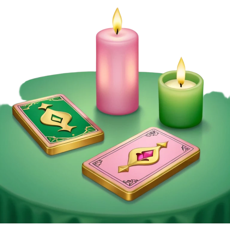 A green and pink deck of tarot cards and a one candle nearby emoji