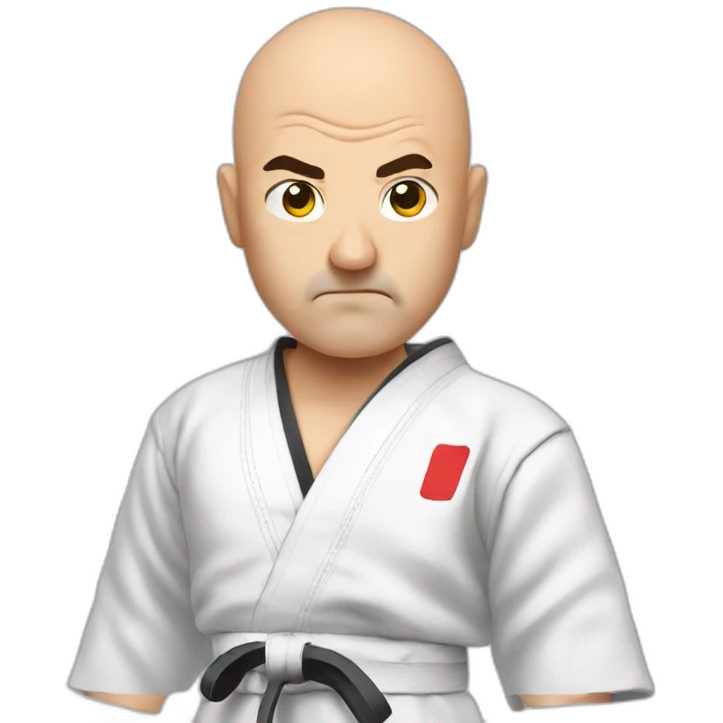 Bald 50 year old taekwondo Master with european traced looking angrily in the camera emoji