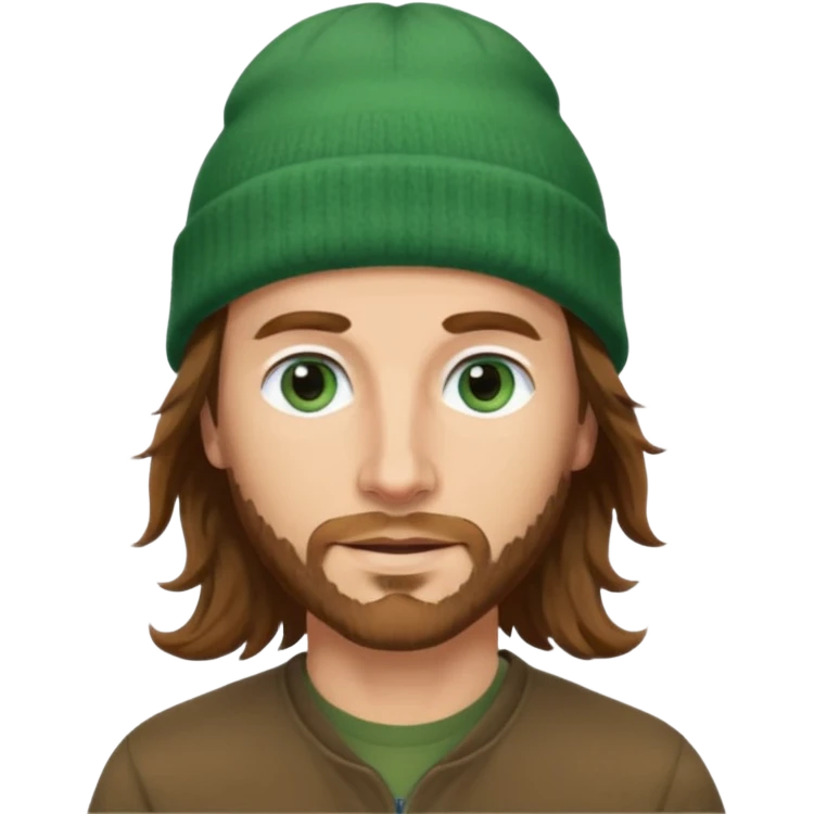 white man
aged 40
Blue eyes, 
mid length brown wavy hair
Green beanie hat emoji