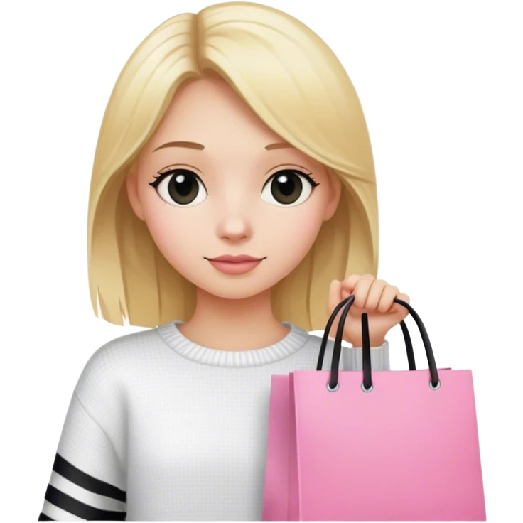 Blond girl wearing a white sueter with black stripes, carring a pink shopping bag emoji