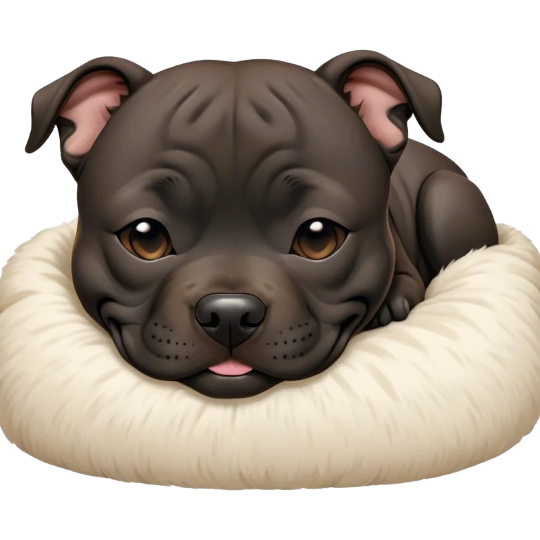 Meme-Worthy Cute Sleeping Black/Brindle Staffordshire Bull Terrier Portrait Emoji, Head resting peacefully with a contented smile, showcasing a delightfully compact build and a luxuriously soft Fur with an attractive black and brindle blend, eyes shut in a serene nap, Simplified yet hilariously adorable features, highly detailed, glowing with a soft, drowsy light, high shine, relaxed and utterly lovable, stylized with an air of playful laziness, bright and heartwarming, soft glowing outline, capturing the essence of a comically sleepy guardian, so meme-worthy it feels like it could instantly become the next viral sensation of adorable slumber! emoji