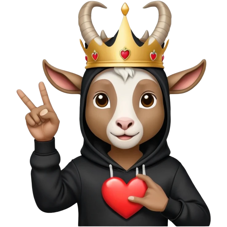 Goat with horns wearing black hoodie and a royal crown do the heart hands sign emoji