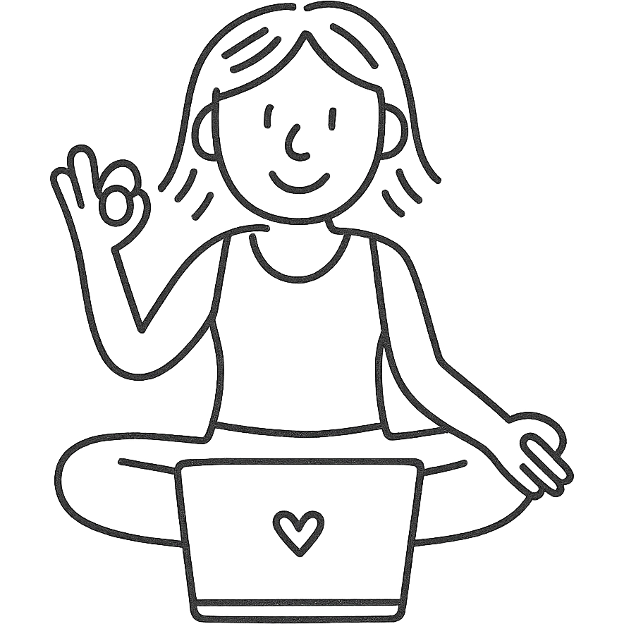 hand-drawn outlined icon of a yoga teacher with a laptop emoji