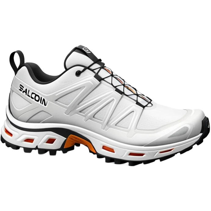 Ultra minimalist white Salomon XT-6 shoes, extremely simplified iOS emoji style, one behind the other, flat colors, very basic lines, essential details only, clean design emoji
