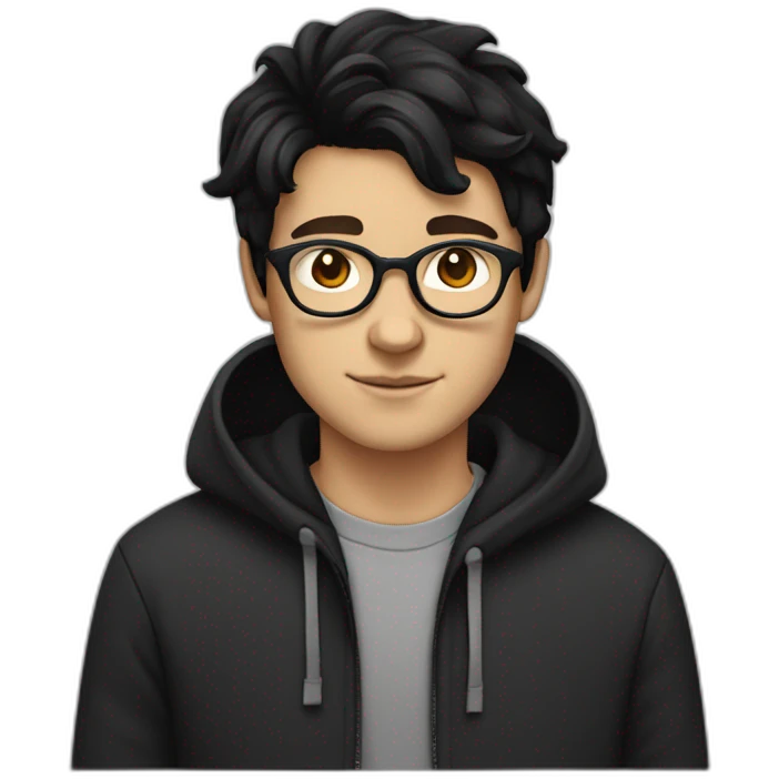 White boy wearing glasses in a black hoodies with wavey black hair with brown eye emoji