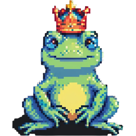 pixel art crowned frog sitting and smiling emoji