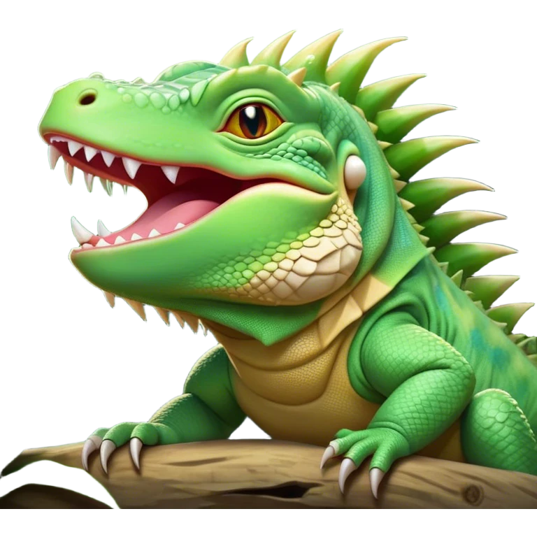 Cinematic Cute Yawning Iguana Portrait Emoji, Head tilted slightly with a dramatic, wide-open yawn, showcasing a sturdy, scaled body with a softly drooping spiky crest and sleepy, half-closed eyes, Simplified yet irresistibly adorable features, highly detailed, glowing with a soft, cozy jungle glow, high shine, relaxed yet expressive, stylized with a dash of whimsical charm, soft glowing outline, capturing the essence of a drowsy yet affectionate iguana that appears ready to stretch out for a nap! emoji