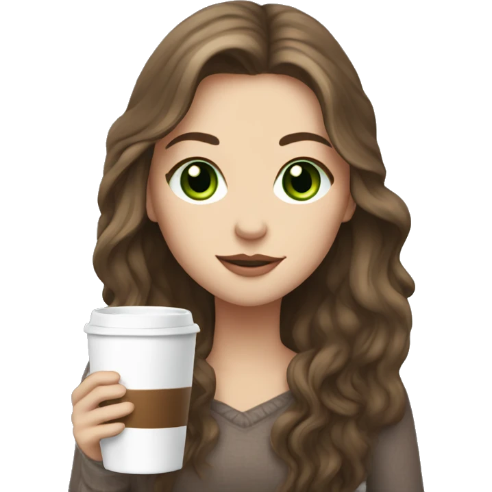 white girl with brown long hair and a hot chocolate green eyes emoji