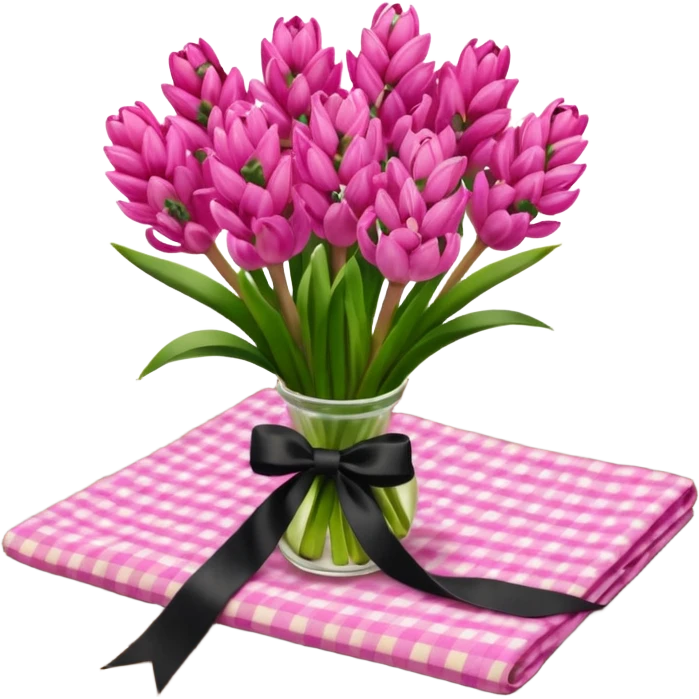 A lush bouquet of bright pink color Hyacinths black satin ribbon, resting on an antique wooden table, with a pale yellow and pink plaid pattern table cloth emoji