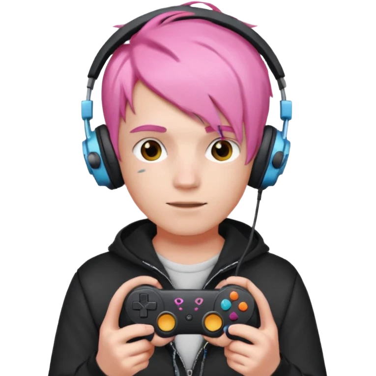 pink haired boy with headphones holding game controller emoji