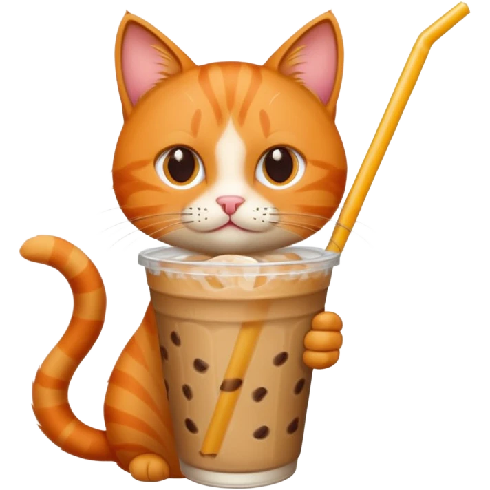 Gato naranja tomando café frio con un popote emoji