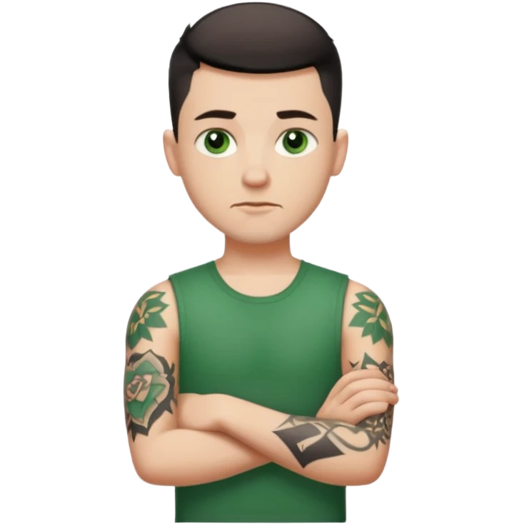 White young man with short black taper fade hair cut and slight goatee and neutral expression with his arms folded. Green eyes and arm tattoos emoji