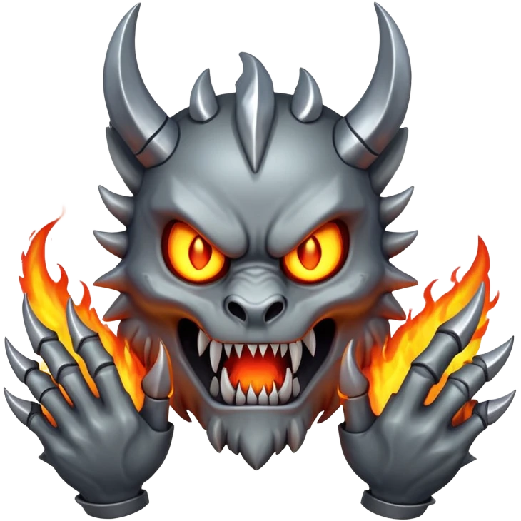 a scary metal with claws and a dangerous face, emiting fire from its ears and hands emoji