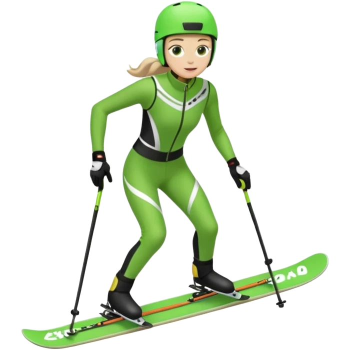 Xc ski racer in green and black clothing. Full body, skate skiing  emoji