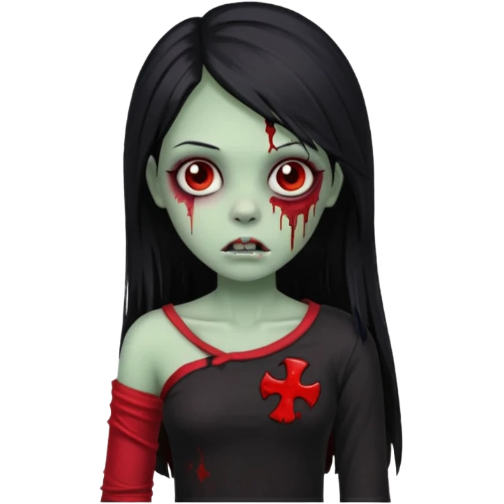Garota zumbi com cabelo todo preto liso longo e mechas vermelhas na lateral da cabeça dos dois lados, usando uma blusa com um lado da manga caida preta  emoji