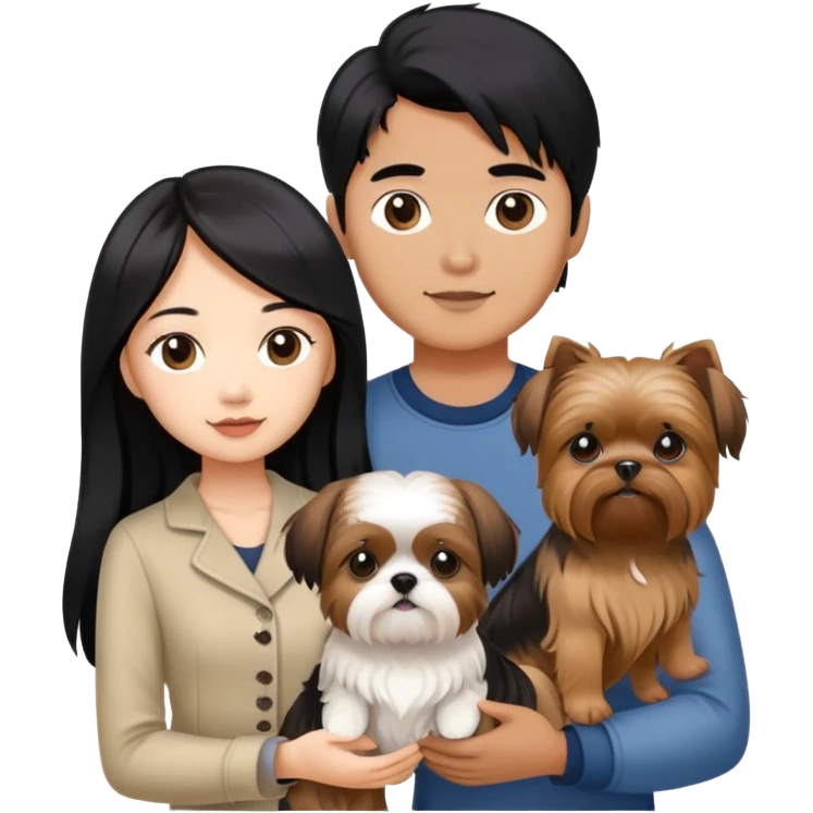 A beautiful Asian girl with long black hair is holding a Yorkshire Terrier. She is standing next to her brown skinned boyfriend, who is holding a Shih Tzu. They are each holding one dog each emoji