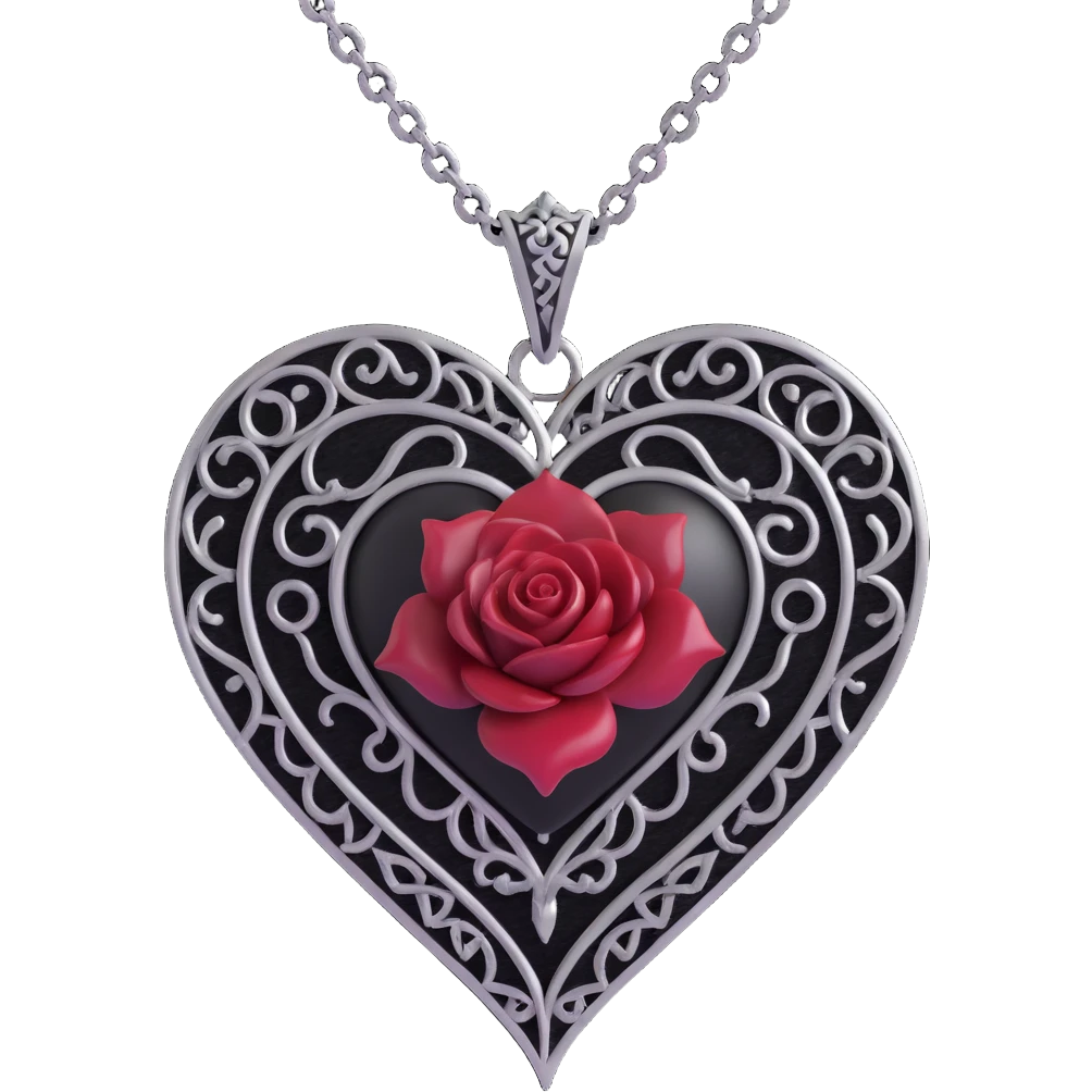 gothic heart with black velvet texture, silver chain, deep red gemstone, ornate and dramatic design, black rose accent, silver filigree details emoji