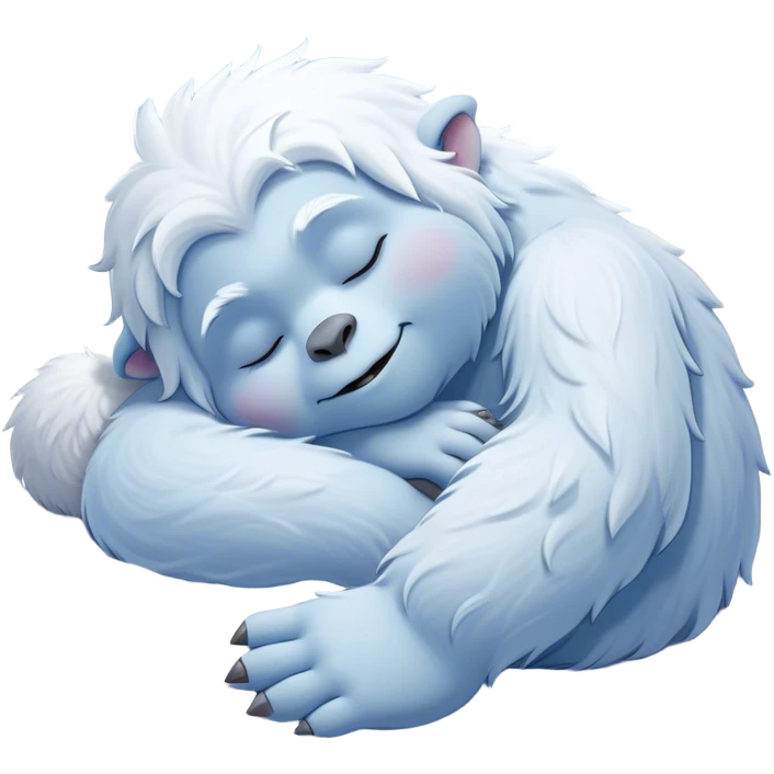 Meme-Worthy Cute Sleeping Yeti Portrait Emoji, with a charming, fluffy, snow-dusted figure in gentle whites and cool blues, head resting in blissful, serene slumber with closed, peaceful eyes and a small, contented smile, simplified yet irresistibly adorable, highly detailed with a soft frosty outline that captures the tender drowsiness of a yeti drifting into snowy dreams! emoji