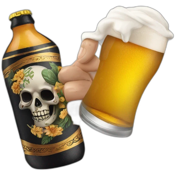 Un brazo con un tatuaje de la Santa muerte, sosteniendo una lata de cerveza en la mano emoji