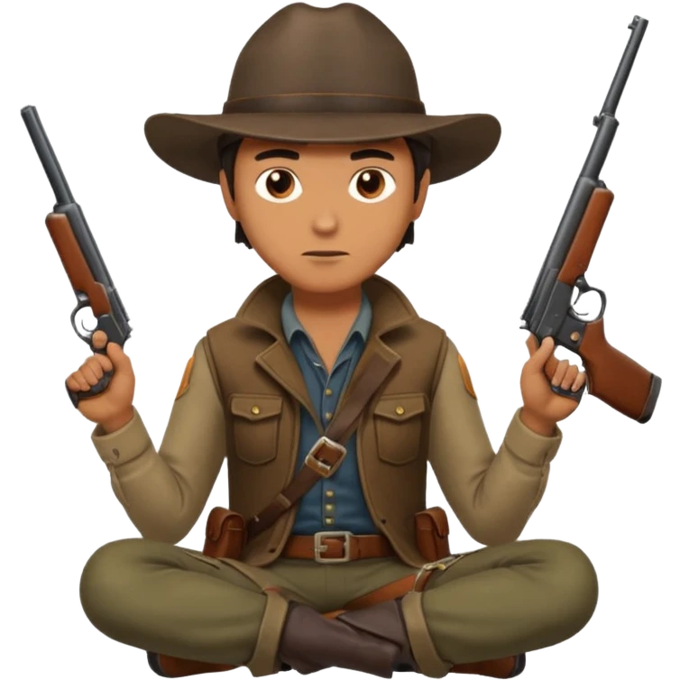 male hunter sitting with a gun, simple, clear expression emoji