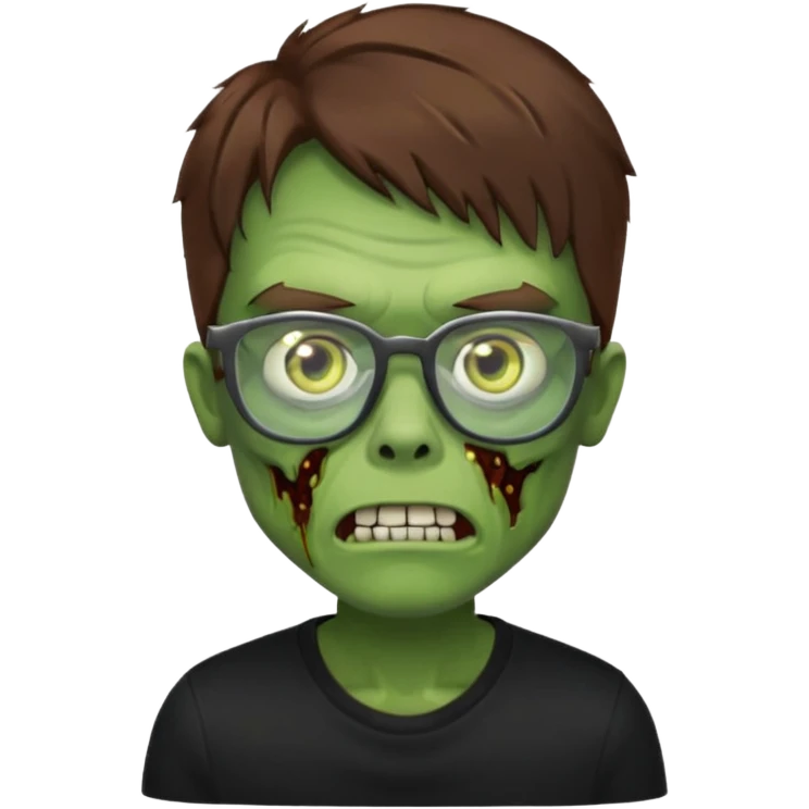 Green zombie, brown hair, black glasses, black shirt. iOS style. emoji