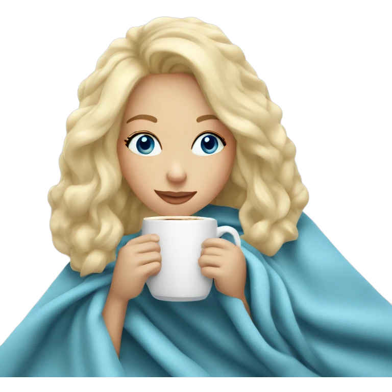 Blonde hair blue eye girl sipping coffee under blanket  emoji