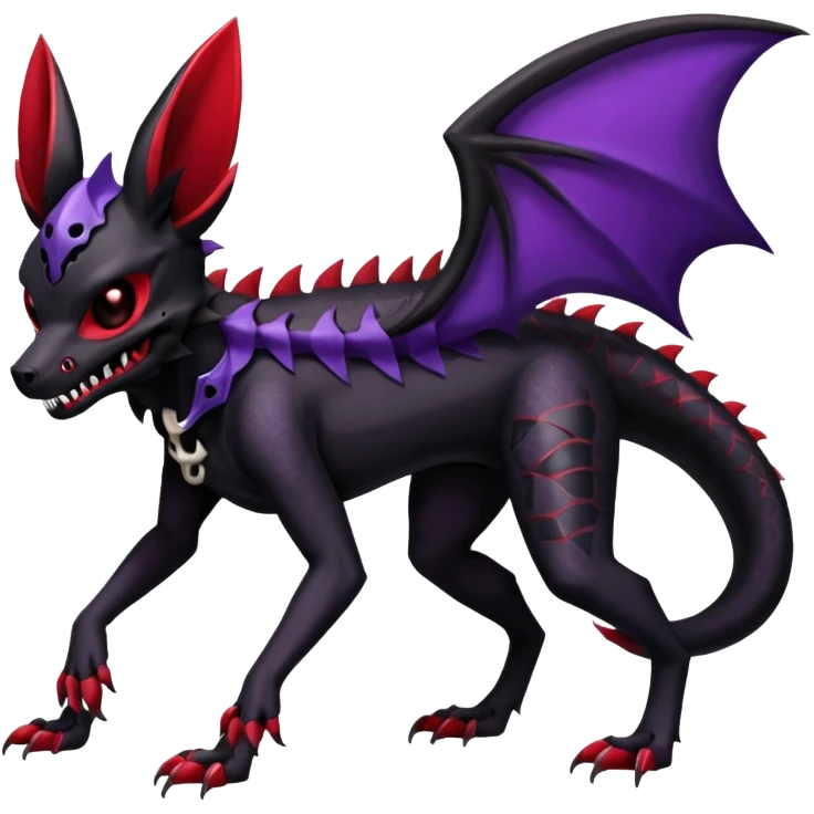 Gothic Black red purple Scaley Exotic Salandit-Umbreon-Noibat-Houndoom-Fakémon-hybrid-creature (full body), 4 legs, skull face mask emoji