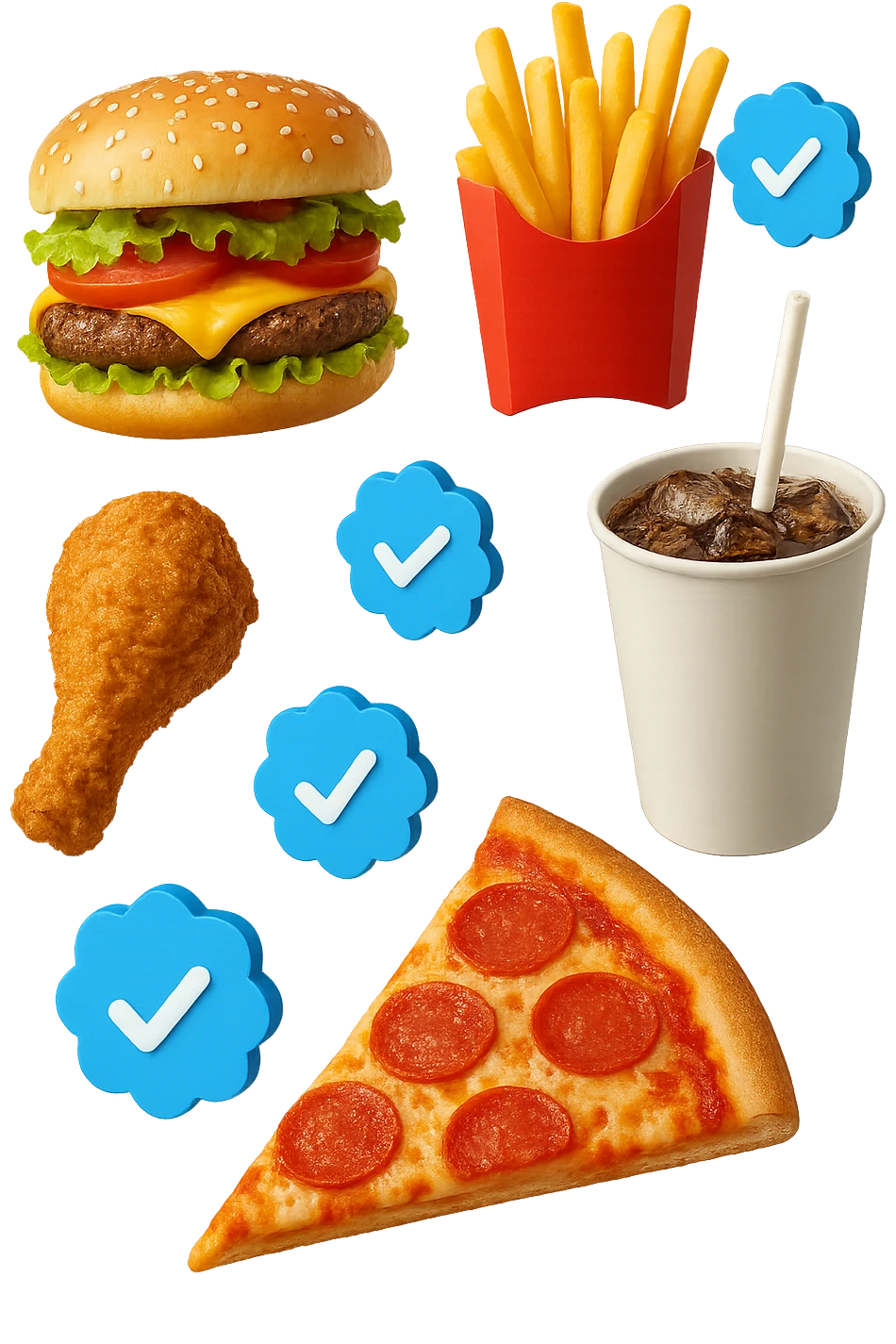 fast food realistico fluttua in aria insieme a spunte di verificato in 3d emoji