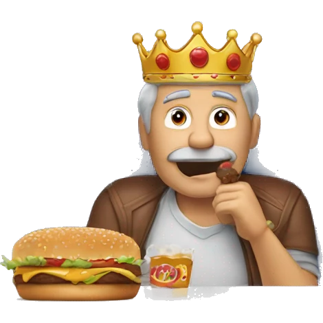 older 45yr old fraile man sitting on plane with burger king crown  emoji