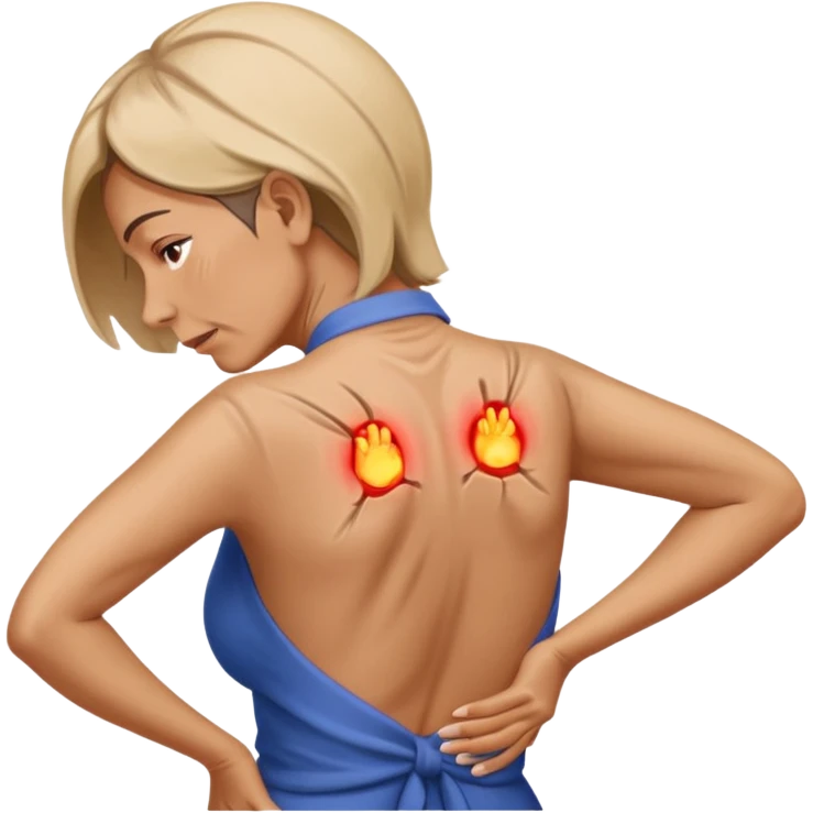 mulher com dor no corpo todo com a mao na coluna indicando dor sem desenhar a coluna emoji