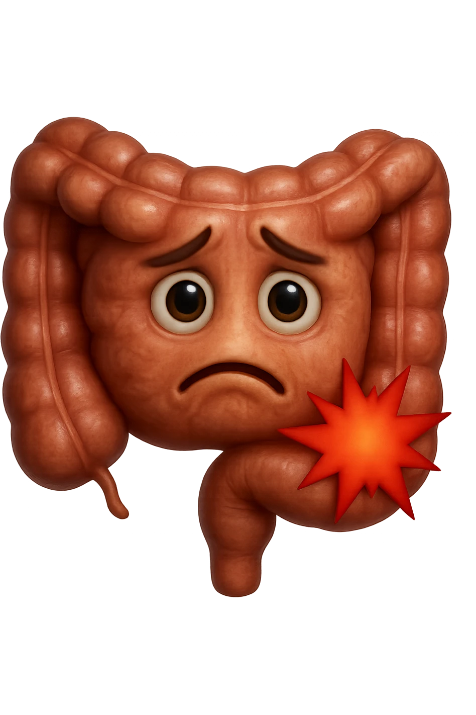 emoji stile iphone di un intestino con mal di pancia, espressione preoccupata, iperrealistica  emoji