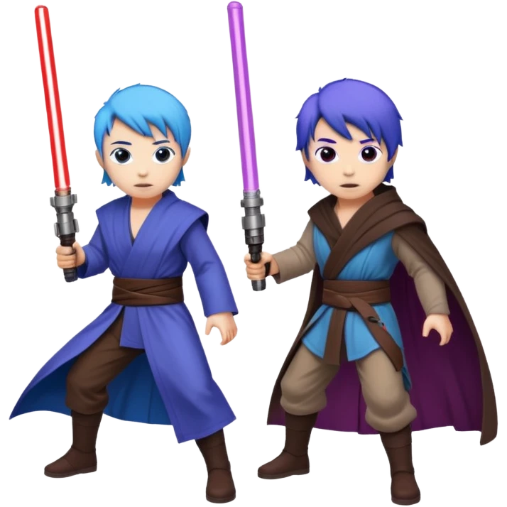 one blue haired jedi with purple lightsaber vs dark brown hair jedi with red lightsaber emoji emoji