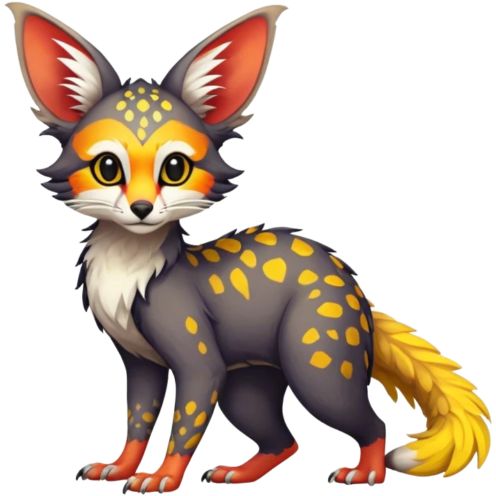 Feral Rare Fantasy vibrant colorful tropical Vernid-Trico-species by LiLaiRa, random markings, tufted tail, tufted ears, full body emoji